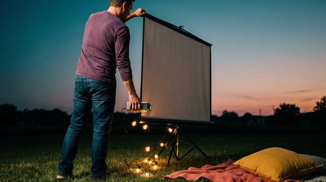 Man setting up outdoor movie screen with lights at twilight  