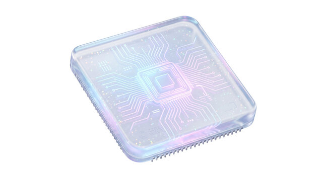 Futuristic glass microchip with glowing circuit patterns, iridescent semi-transparent processor, high-tech hardware for quantum computing