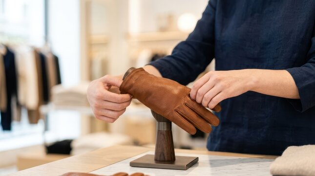 Close-up of retail assistant hands adjusting brown leather gloves on a display stand inside a store.
