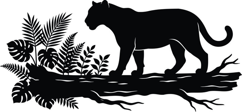 Black jaguar standing on fallen log in dense jungle black panther big cat rainforest