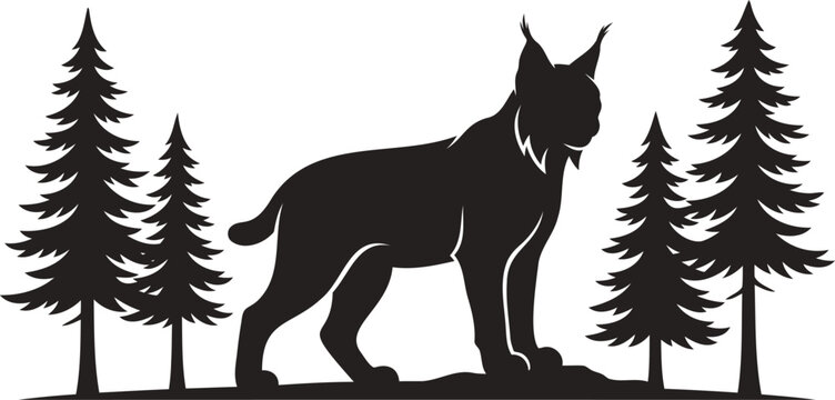 Black silhouette of a lynx standing among tall pine trees in a snowy forest bobcat wildcat conifer