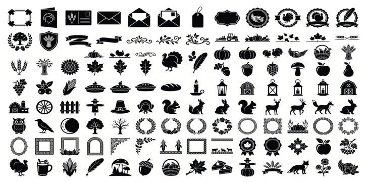 Thanksgiving Decorative Elements EPS Bundle | 100 Black Harvest Ornament Vector Icons for Commercial Use