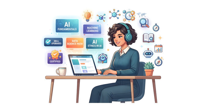 AI fundamentals online learning concept, woman studying machine learning and artificial intelligence ethics, digital education and skill upskilling