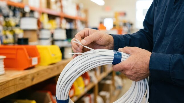 Close-up of retail worker hands uncoiling and inspecting a thick white electrical cable wire in a building supply shop wiring section.