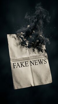 Conceptual of burning newspaper page with fake news headline floating in dark smoke as symbol of misinformation and media crisis in modern society digital art illustration