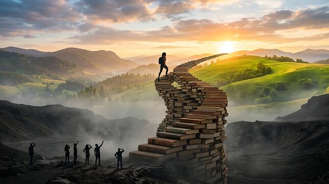 Group of people looking at giant spiral staircase made of books reaching towards sunrise in beautiful mountain landscape conceptual art for education and knowledge