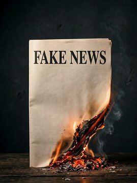 Newspaper with fake news headline burning on wooden surface with embers and smoke against dark background as symbol of destruction of truth digital art illustration