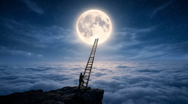 Man standing on mountain cliff climbing ladder reaching towards giant full moon in starry night sky as symbol of ambition and reaching for dreams digital art illustration
