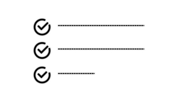 Two checklist items with black check marks inside circles and dashed lines on a white background to-do listen.alpha channel icon.4k video