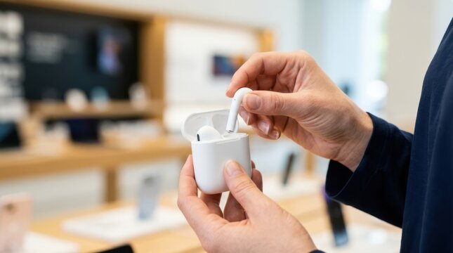 Store worker hands putting white wireless earbuds into their charging case inside a modern consumer electronics shop.