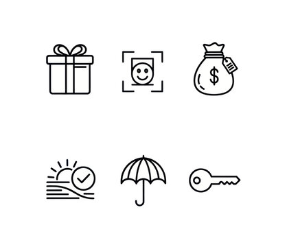 Set of 6 Icons: Gift, Face Scan, Money Bag, Sunrise, Umbrella, Key - Line Art