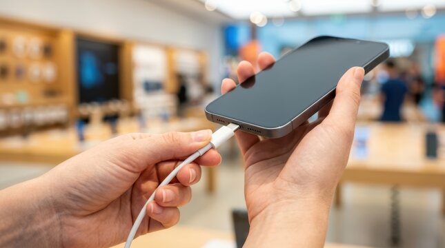 Technician plugging white power cable into modern smartphone charging port in store close up.