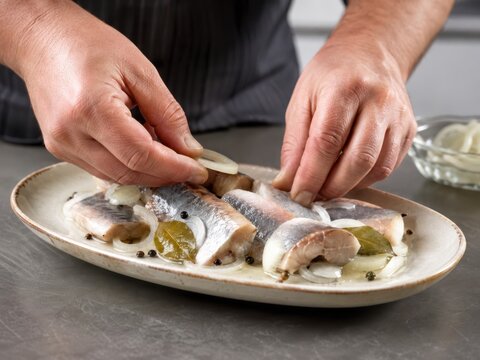 Bismarckhering anrichten mit H&auml;nden &ndash; Marinierte Heringsfilets mit Zwiebeln, Gew&uuml;rzgurken und Sud werden auf einer Platte arrangiert. Traditionelle deutsche Fischspezialit&auml;t in Nahaufnahme.