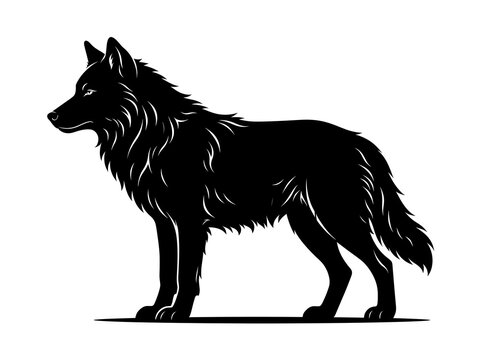 Black wolf silhouette standing in profile, majestic wild animal icon on white background, minimalist wolf mascot graphic for logo design