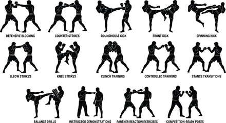 Collection of kickboxing and martial arts silhouettes showing striking techniques and training drills © Hello World