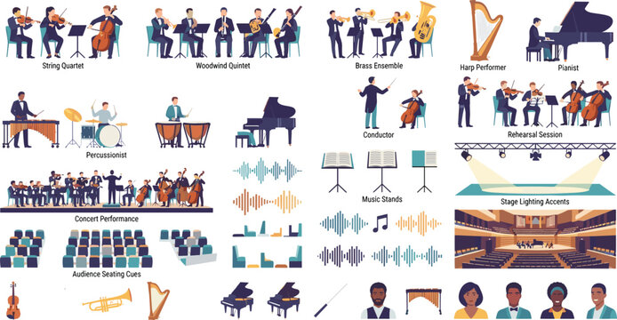 Collection of orchestra and classical music illustrations featuring musicians, instruments, and concert performances