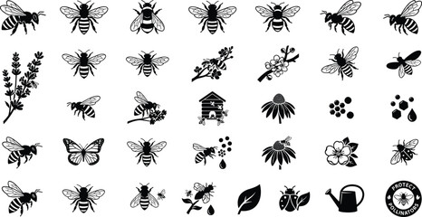 Obraz premium Set of bee silhouettes featuring honeybees, beehives, flowers, and pollination icons