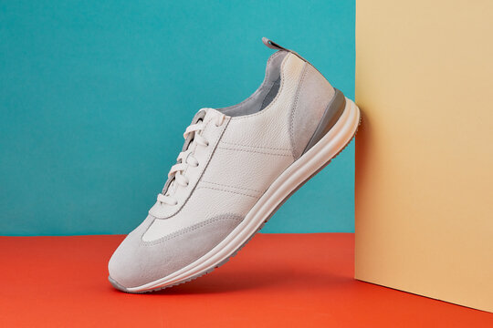 Stylish trendy fashionable minimalism footwear. Concept of levitation shoes. Creative layout or banner.