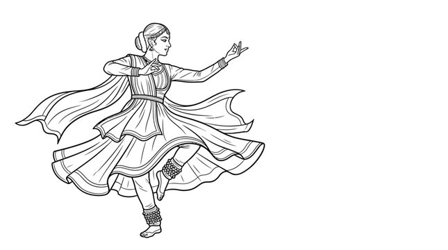 Black and white line art of a traditional Indian dancer