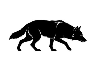 Fototapeta premium Stalking wolf silhouette on white background, black predatory animal profile, minimalist wild wolf hunting pose, sleek canine predator graphic
