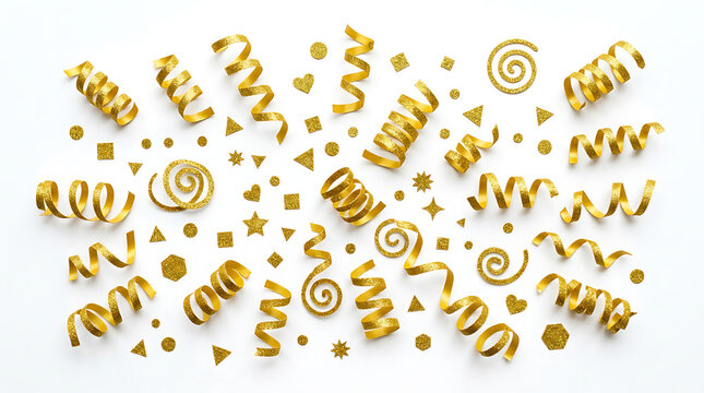 Scattered gold ribbons and confetti elements for festive celebration with confetti celebration streamers decoration birthday metallic background isolated carnival anniversary