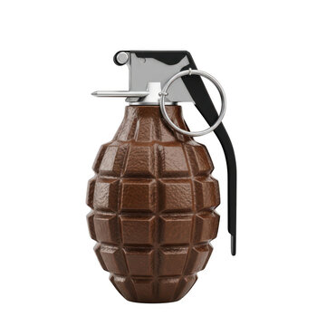 Close-up of a brown hand grenade with pin removed