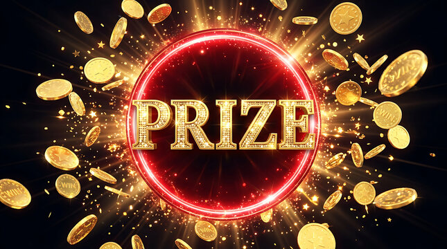 Golden prize sign surrounded by flying gold coins and light rays with celebration financial abundance earnings