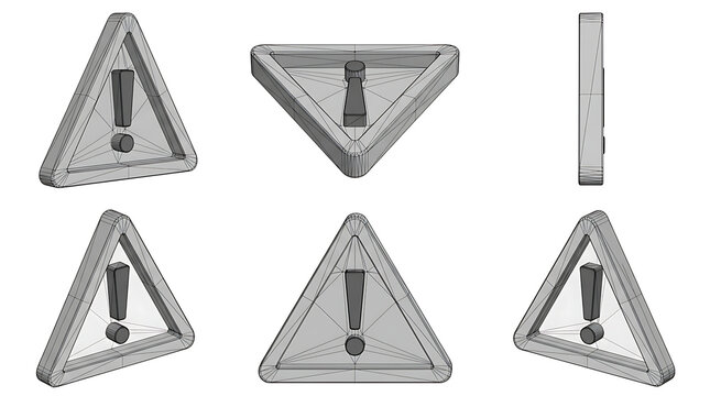 3D rendered warning triangle signs set with triangle exclamation attention rendered industrial collection perspective alerting
