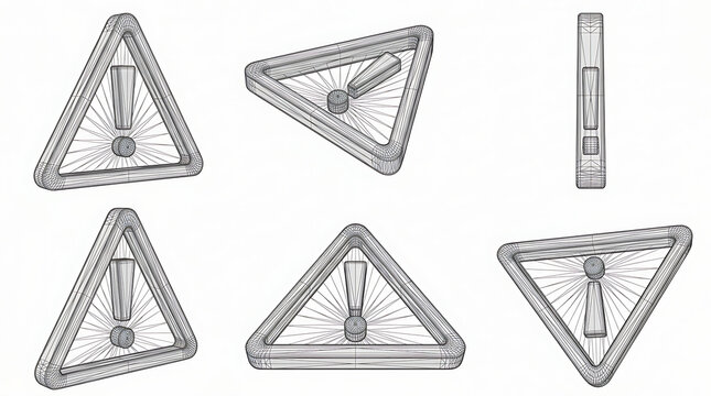 Wireframe style triangular warning signs with wireframe triangle exclamation attention structure technical collection perspective engineering blueprint