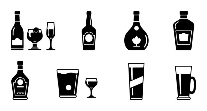Alcoholic Drinks Vector Icons Set, Beverage Bottle and Glass Collection, Bar and Restaurant Graphics, Celebration and Party Elements
