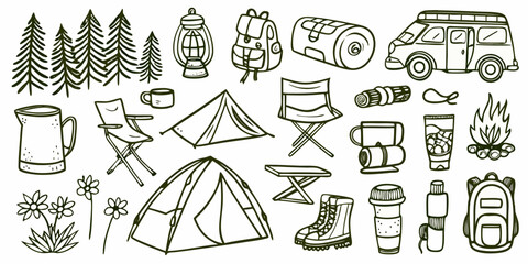camping gear line art icons on white background tent backpack lantern chair tree © PolyRani