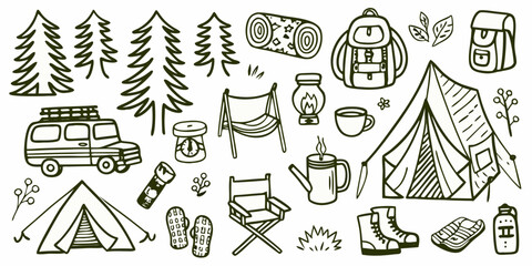 camping gear and nature elements line art tent tree backpack van chair lantern © PolyRani