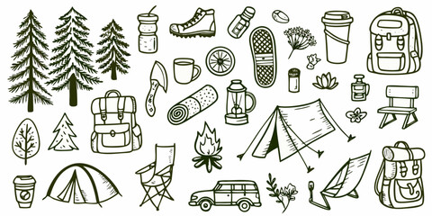 camping outdoor adventure icons in hand drawn style on white background hand drawn tent © PolyRani