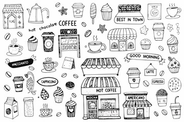 Fototapeta premium coffee shop doodle sketch collection black and white cup cafe dessert mocha latte