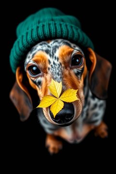 Cute dapple Dachshund dog wearing a green beanie with an autumn leaf on its nose