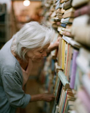 Soft light glows over a quiet bookstore. An elderly woman leans close to a towering bookshelf. Her fingers gently trace the spines of colorful titles. Her calm gaze reflects quiet curiosity