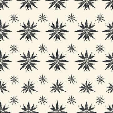 Seamless pattern of dark cannabis leaves arranged in a repeating floral motif on a clean beige background for textile printing and wallpaper