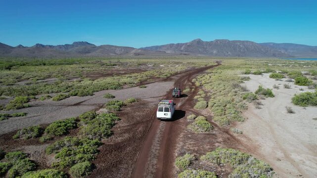 Aerial drone tracking shot following two cars driving along a dark brown, dusty dirt road surrounded by coastal brush and arid fields near Loreto, Baja California Sur, with the sea visible 