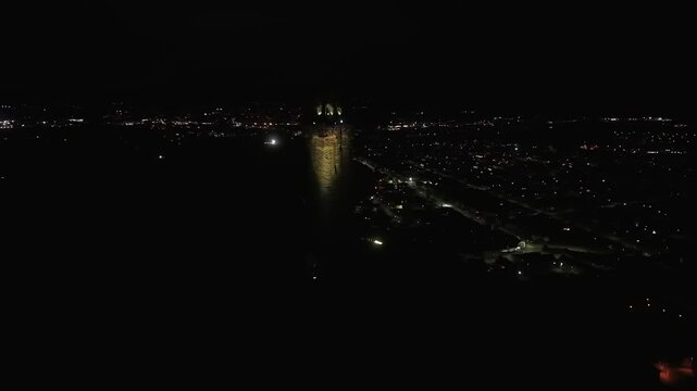 Beautiful Cinematic NIGHT aerial view of the National Wallace Monument Aerial View Over Stirling, Scotland &ndash; Historic Landmark and Scenic Town Landscape