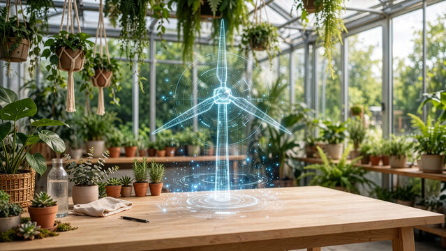 A glowing blue digital wind turbine hologram stands on a wooden table inside a lush greenhouse filled with hanging and potted green plants.
