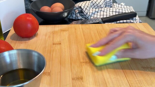 Unrecognizable person cleaning dark kitchen countertop, wiping away bread crumbs with soft blue microfiber cloth during regular household chores for tidy and hygienic living space.
