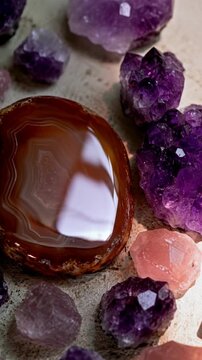 Polished orange agate slice with raw amethyst clusters and rose quartz on textured beige surface, showing gentle viewpoint shifts in tight near-macro composition