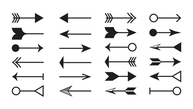 Minimalist black arrow icons set, hand drawn decorative pointers, collection of 24 vector arrow symbols for navigation and web design