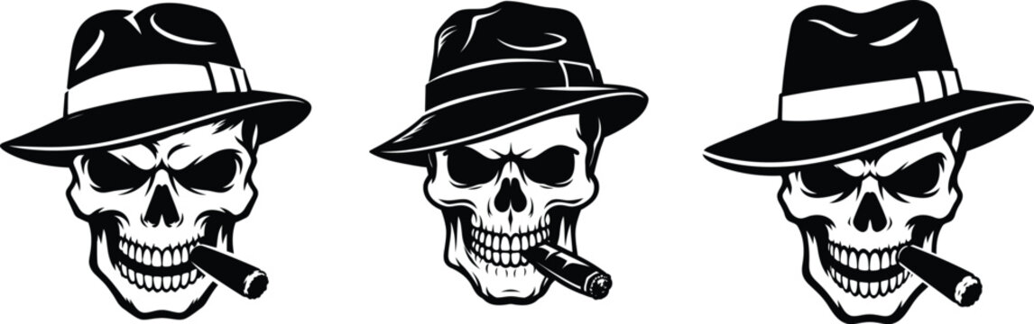 Set of gangster skulls with cigars and fedora hats