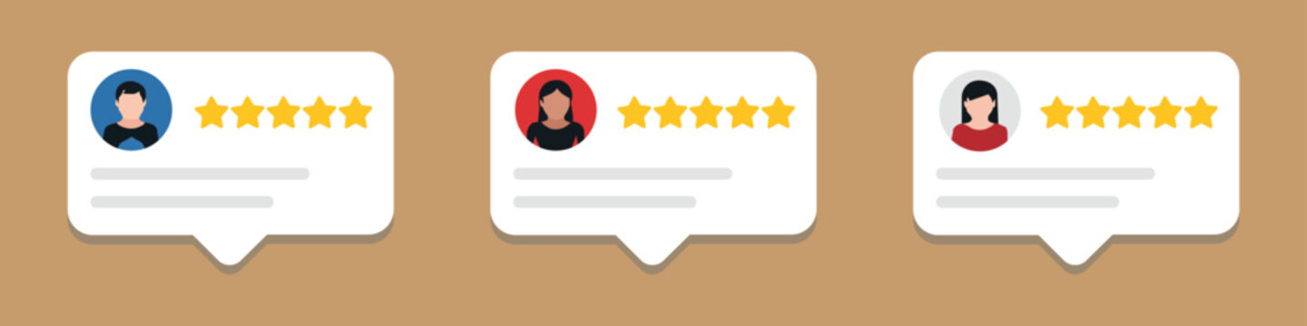 Customer review speech bubble vector set with five star rating and avatars. Vector illustration of user testimonial feedback collection, client opinion message chat box template.
