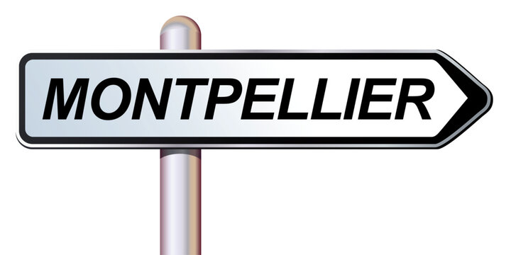 Panneau de direction sur poteau m&eacute;tallique pour la ville de Montpellier, H&eacute;rault, Occitanie, France.