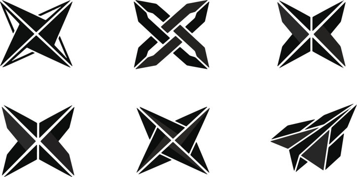 Abstract geometric star and origami paper plane vector logo set, modern black symbols and design elements collection