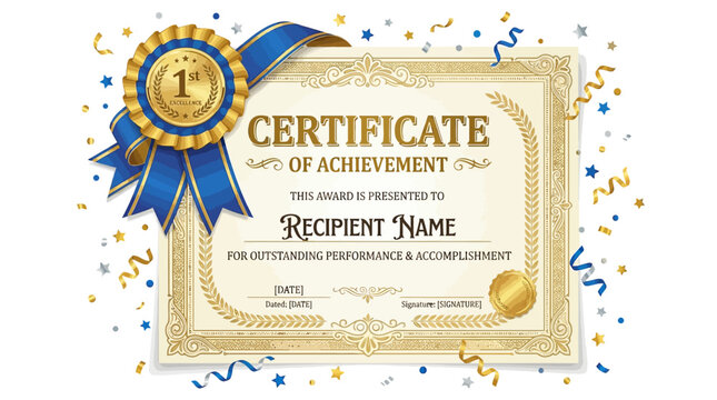 Certificate of achievement displays a gold seal and blue ribbons for honoring outstanding professional performance and academic success.