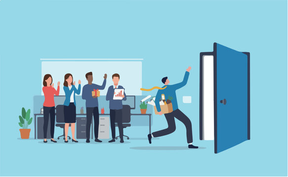 Quit job leaving company for new career, saying good bye old workplace office, exit, escape fired, work departure, offboarding to separation, businessman saying bye while quitting job exit door