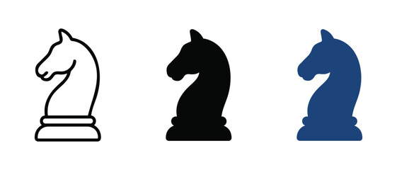 Chess Knight Silhouettes in White, Black, and Blue on a White Background Featuring Silhouette, Game, Board with Piece and Vector © RAKIB